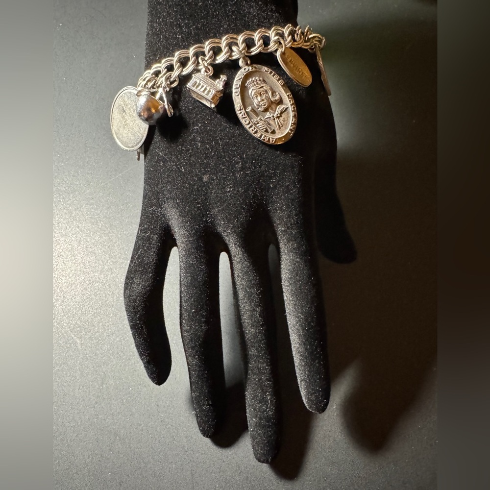 VTG 925 Sterling Charm Bracelet – Lions Club, Int’l Coins, Jr Miss Pageant